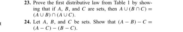 Solved 23. Prove the first distributive law from Table 1 by | Chegg.com