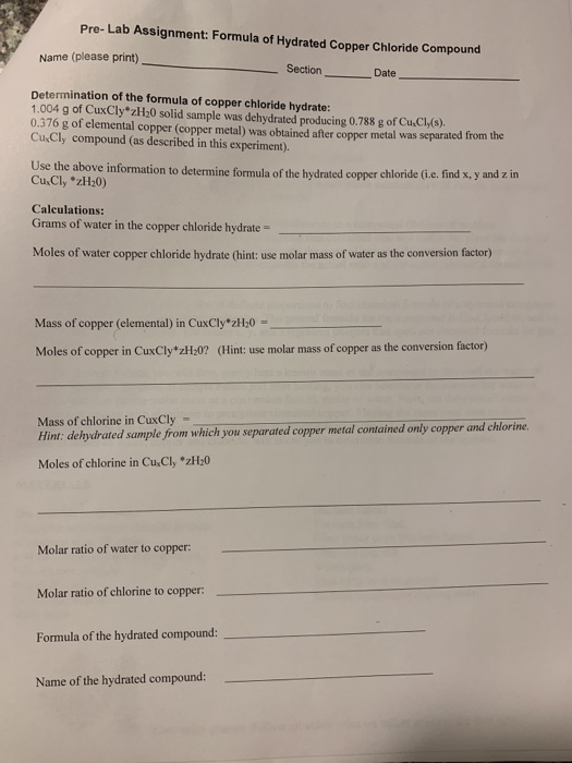 Solved Pre Lab Assignment Formula Of Hydrated Copper Chegg Com