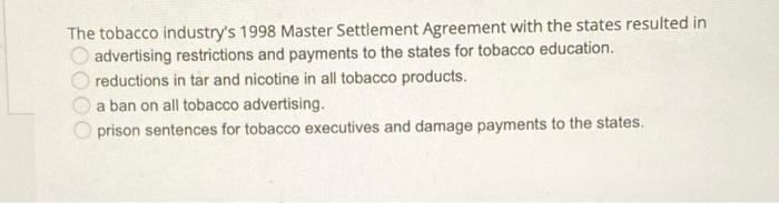 Solved The tobacco industry's 1998 Master Settlement