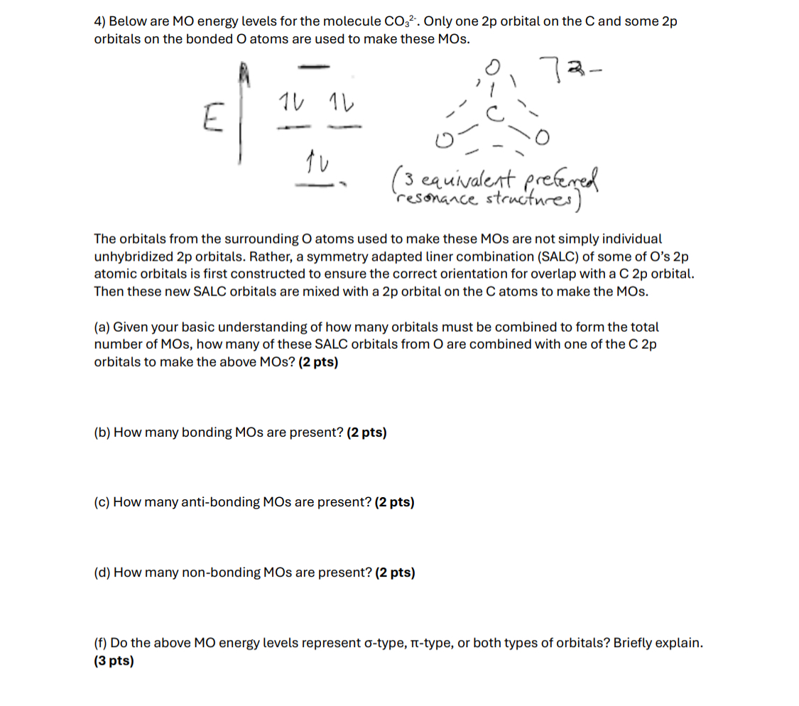 Solved Below are MO energy levels for the molecule CO32-. | Chegg.com