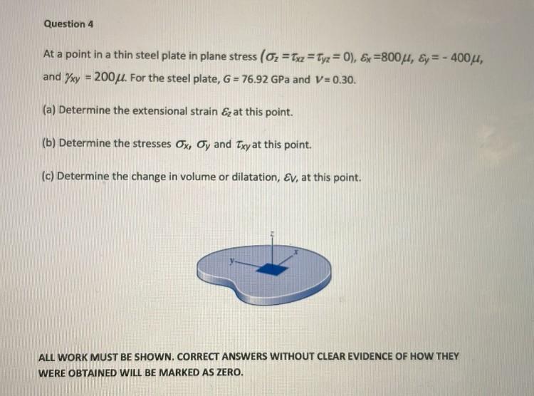 Solved Question 4 At a point in a thin steel plate in plane | Chegg.com