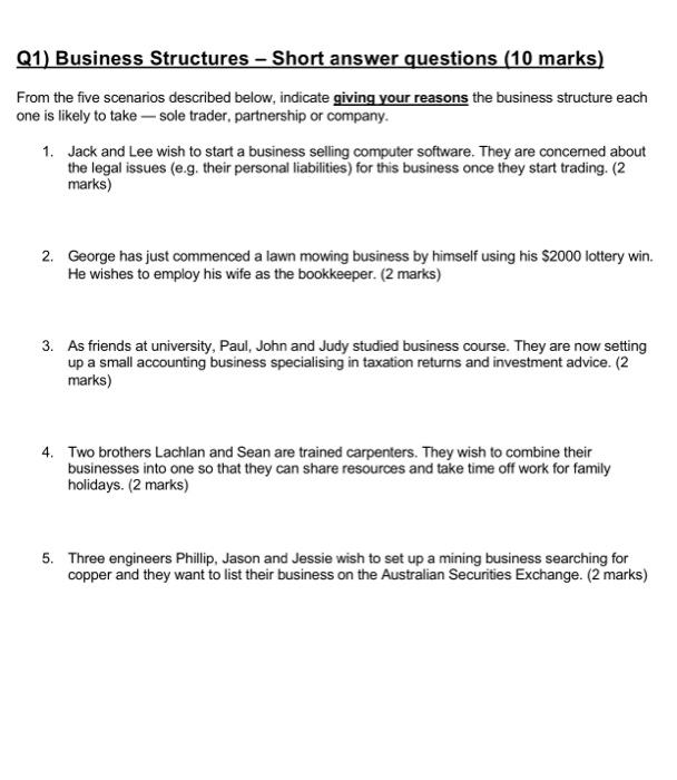 Solved Q1) Business Structures - Short Answer Questions (10 | Chegg.com