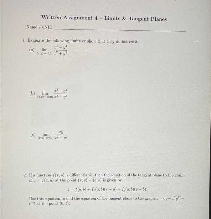 Solved Written Assignment 4 Limits & Tangent Planes Name / | Chegg.com