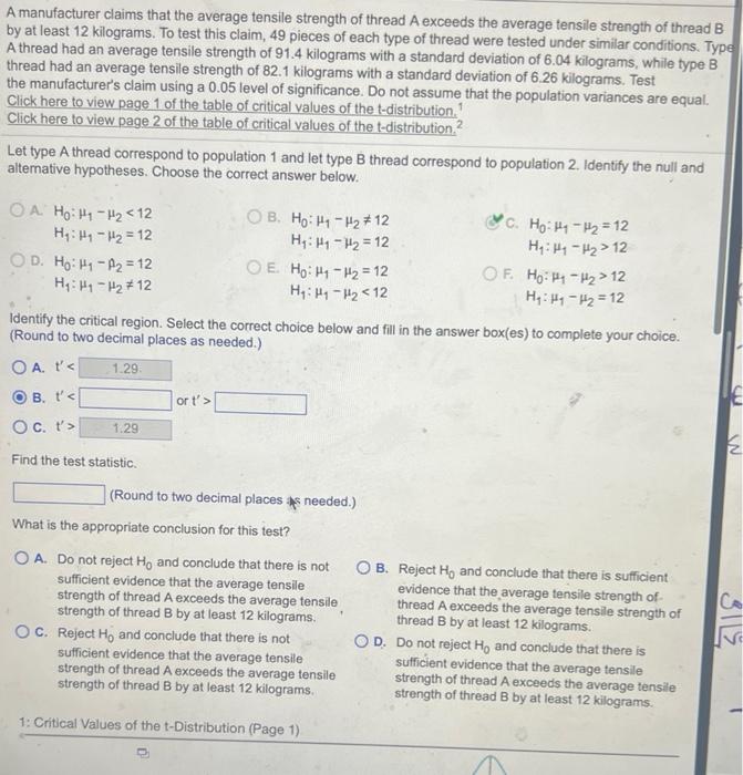 Solved A manufacturer claims that the average tensile | Chegg.com