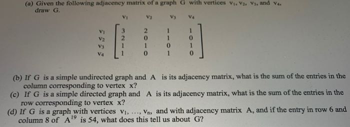 Solved (a) Given the following adjacency matrix of a graph G | Chegg.com