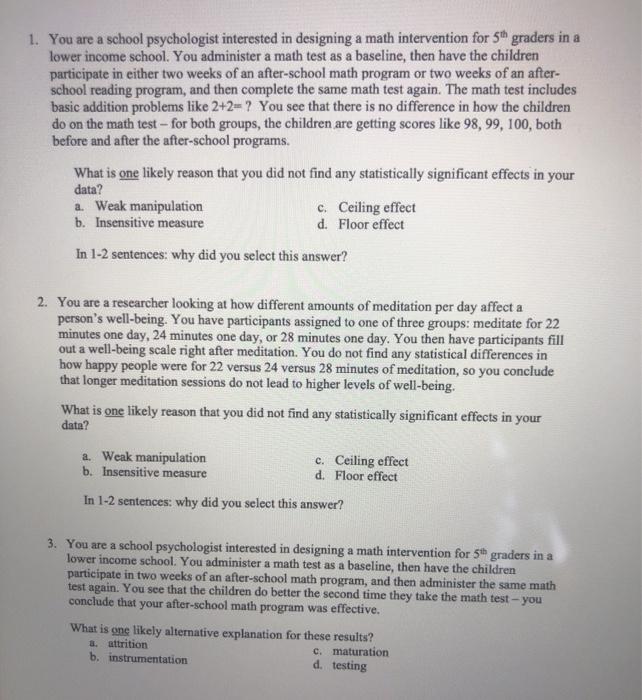 Solved 1. You are a school psychologist interested in | Chegg.com