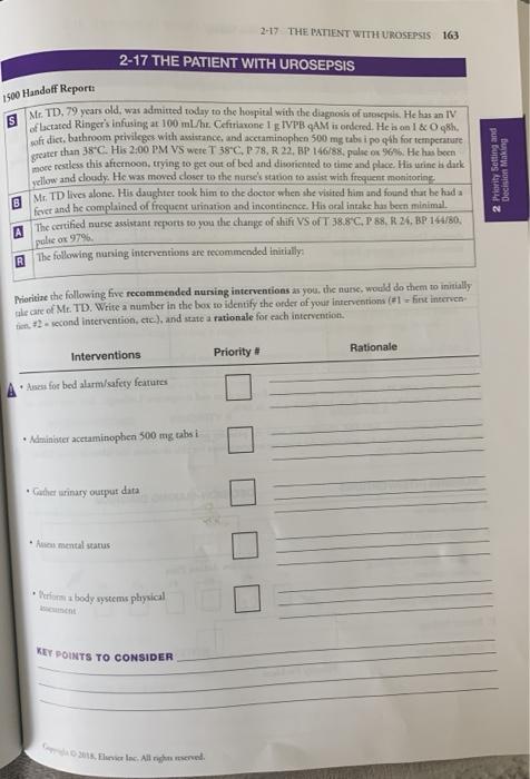 2-17 THE PATIENT WITH UROSEPSIS 163 2-17 THE PATIENT WITH UROSEPSIS 1500 Handoff Report s Mr. TD.79 years old. was admitted t