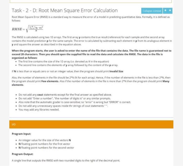 Solved Task - 2-D: Root Mean Square Error Calculation | Chegg.com