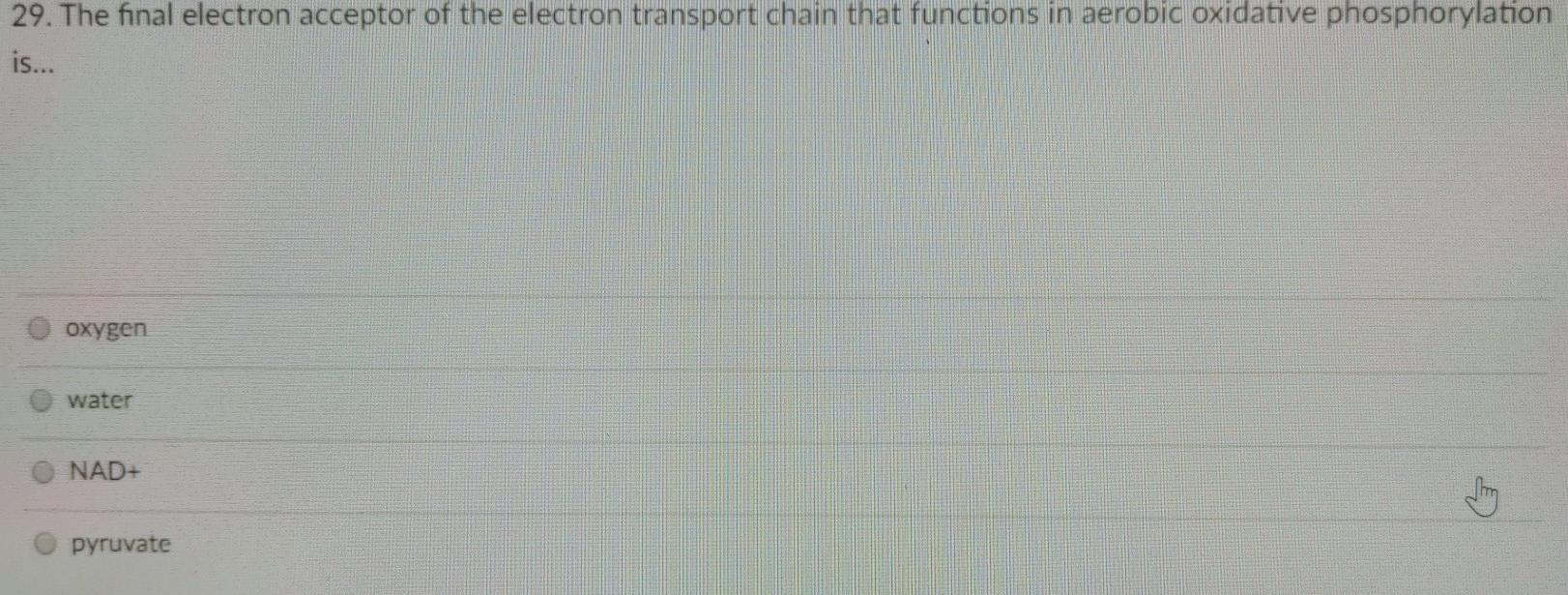 Solved 29. The final electron acceptor of the electron | Chegg.com