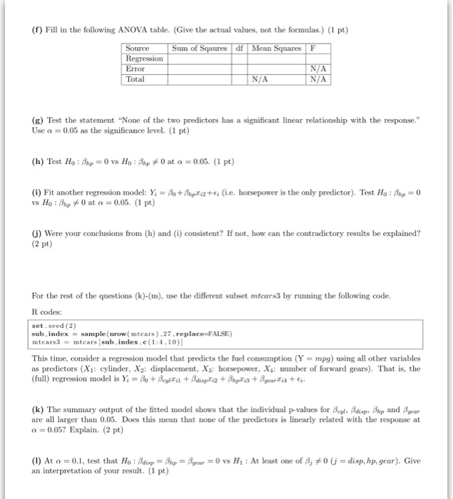 Solved 1. For problem 1, you will use subsets of the mtcars | Chegg.com