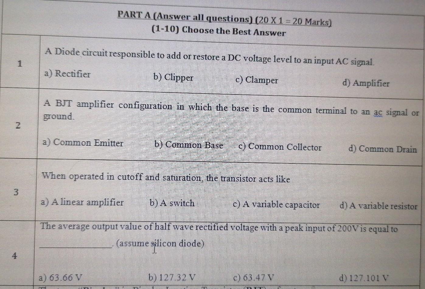 Solved PART A (Answer all questions) (20 X 1 = 20 Marks) | Chegg.com