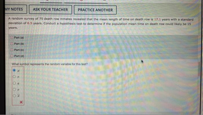 A random survey of 75 death row inmates revealed that the mean length of time on death row is \( 17.1 \) years with a standar