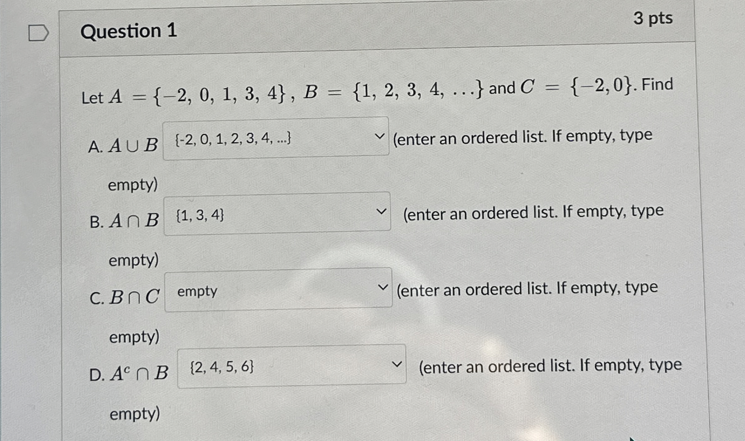 Solved Question 13 ﻿ptsLet A={-2,0,1,3,4},B={1,2,3,4,dots} | Chegg.com