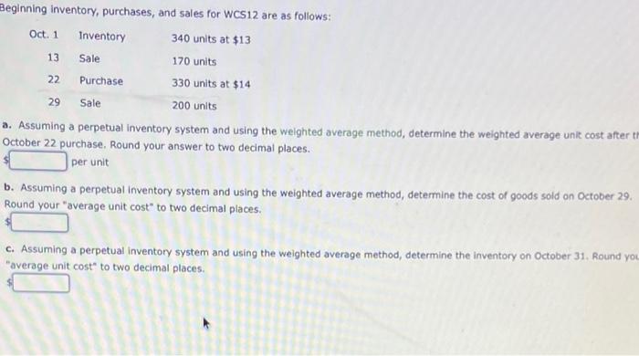 Solved Beginning inventory, purchases, and sales for WCS12 | Chegg.com