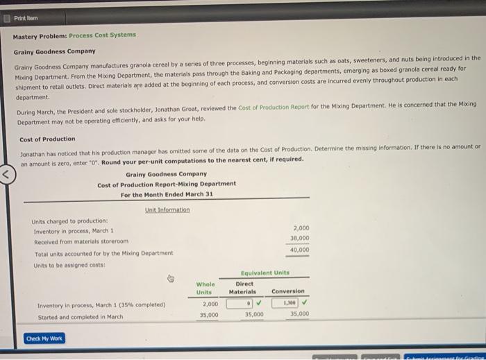 Solved Printem Mastery Problem Process Cost Systems Grainy
