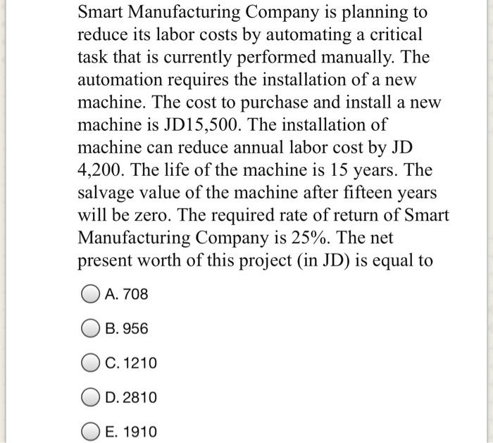 Solved Smart Manufacturing Company is planning to reduce its | Chegg.com