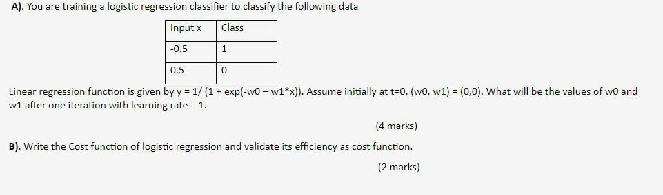 Solved A). You are training a logistic regression classifier | Chegg.com