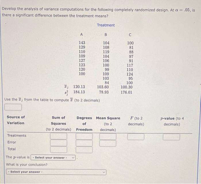 Solved Develop The Analysis Of Variance Computations For The | Chegg.com