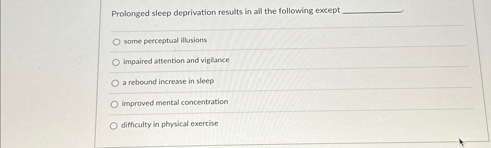 Solved Prolonged sleep deprivation results in all the | Chegg.com