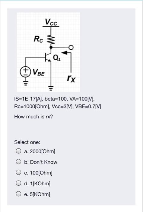 Solved Vcc Rc Vbe Rx Is 1e 17 A Beta 100 Va 100v Rc 1 Chegg Com