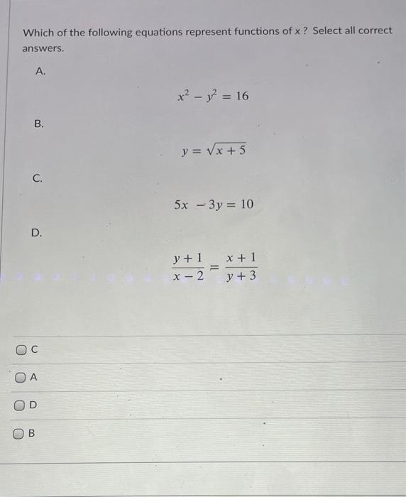 Solved Which of the following equations represent functions | Chegg.com