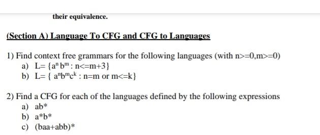 Solved their equivalence. (Section A) Language To CFG and | Chegg.com