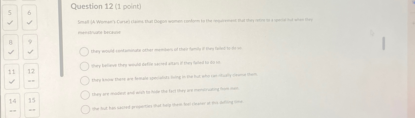 Solved Question 12 (1 ﻿point)Small (A Woman's Curse) ﻿claims | Chegg.com