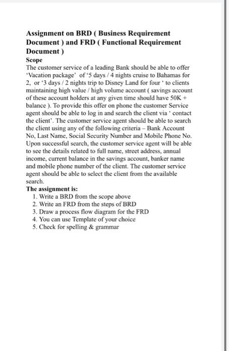 Assignment on BRD (Business Requirement Document) and | Chegg.com
