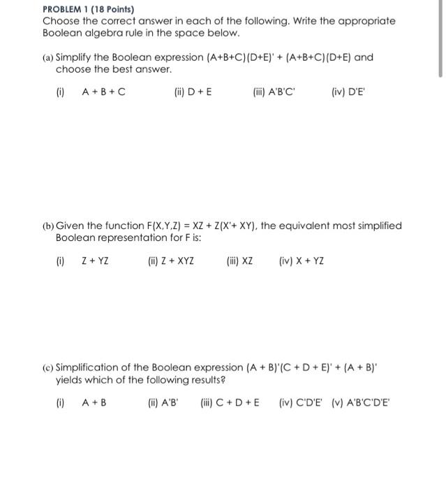 Solved PROBLEM 1 (18 points) Choose the correct answer in | Chegg.com