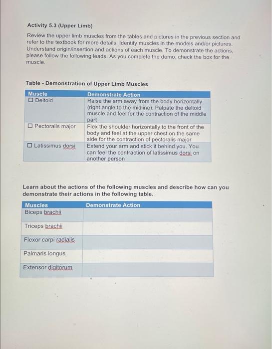 Solved Activity 5.3 (Upper Limb) Review the upper limb | Chegg.com