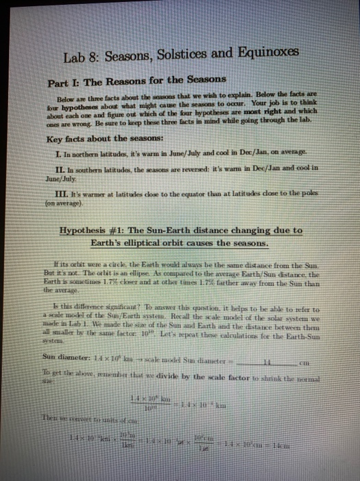 Lab 8: Seasons, Solstices and Equinoxes Part I: The | Chegg.com