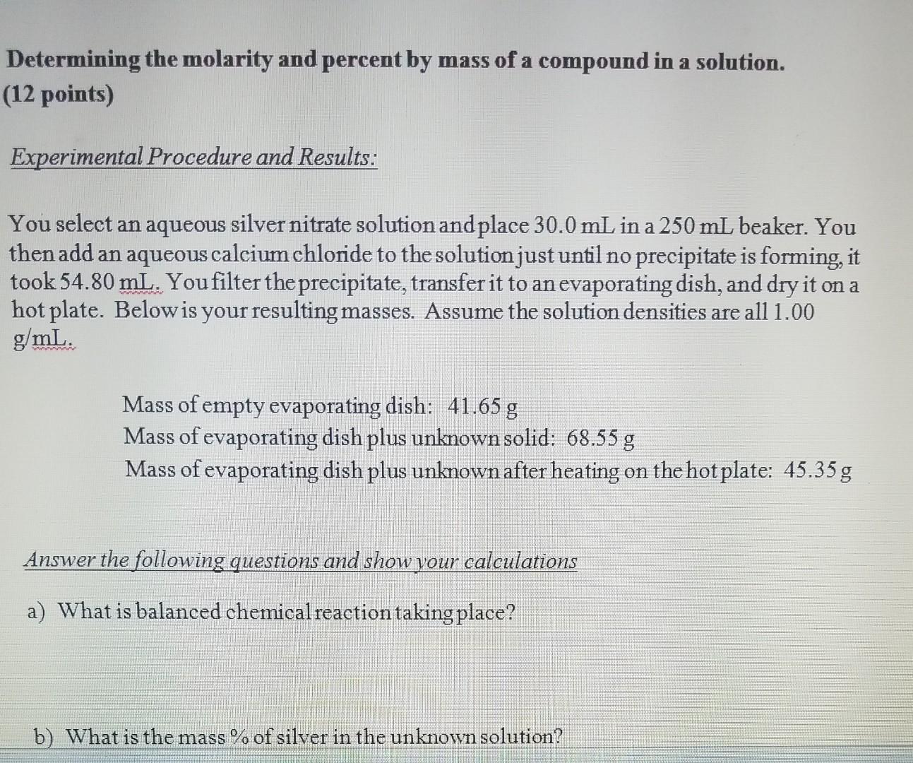 Solved Determining the molarity and percent by mass of a | Chegg.com