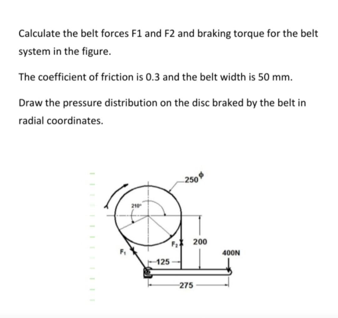 Calculate the belt forces F1 and F2 and braking