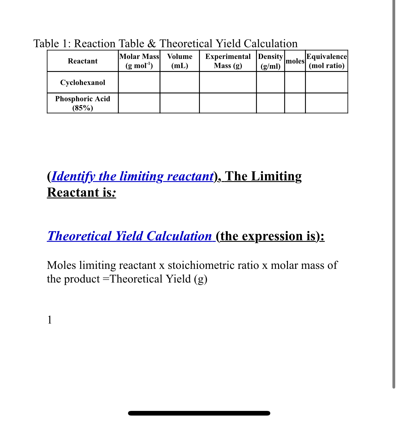 Table 1: Reaction Table & Theoretical Yield | Chegg.com