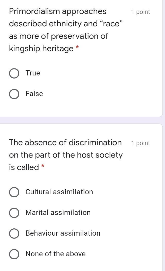 Solved 1 point Primordialism approaches described ethnicity | Chegg.com