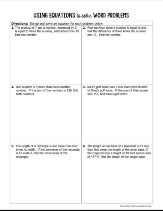 Solved USING EQUATIONS to solve WORD PROBLEMS Directions: | Chegg.com