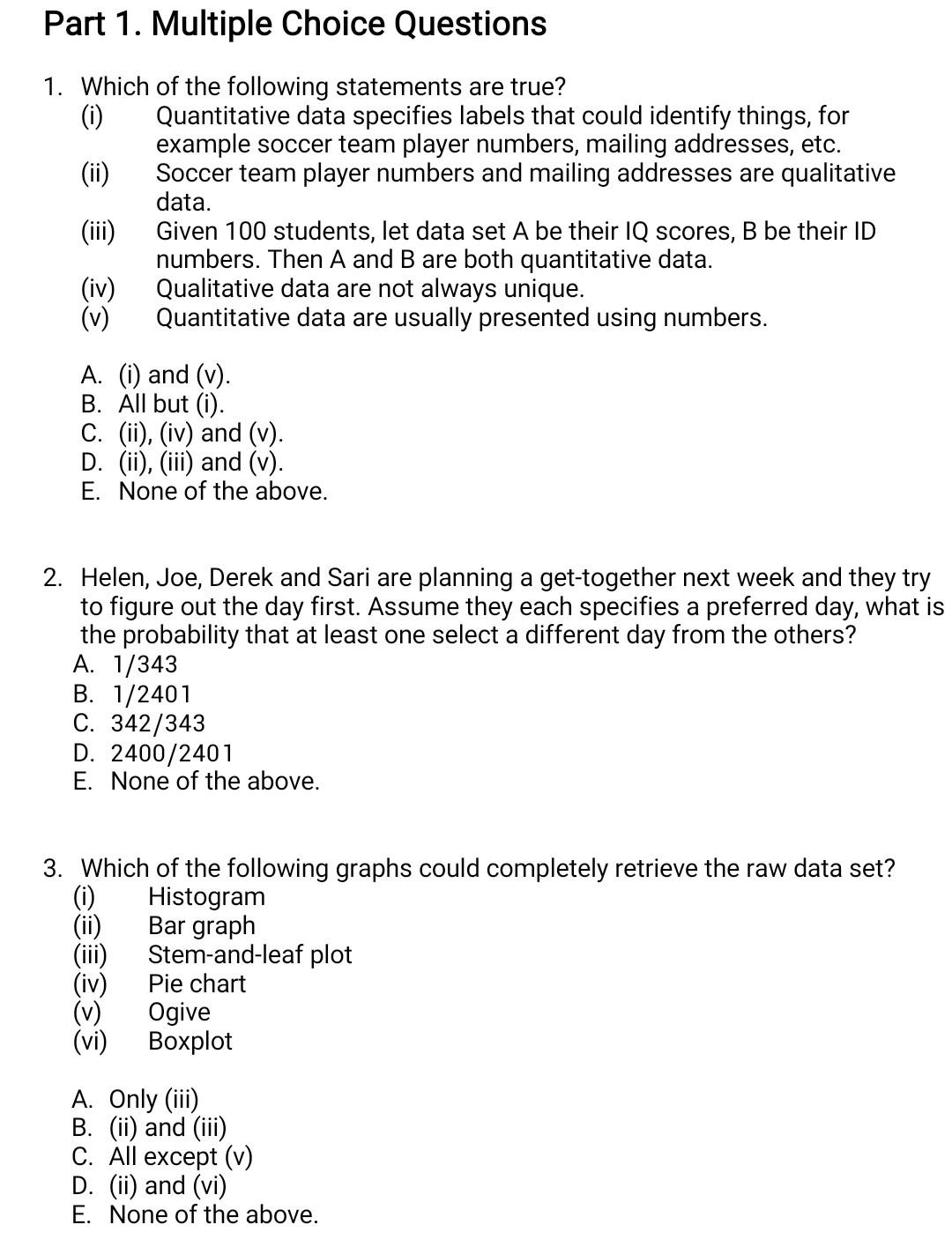 Solved Part 1. Multiple Choice Questions 1. Which of the | Chegg.com