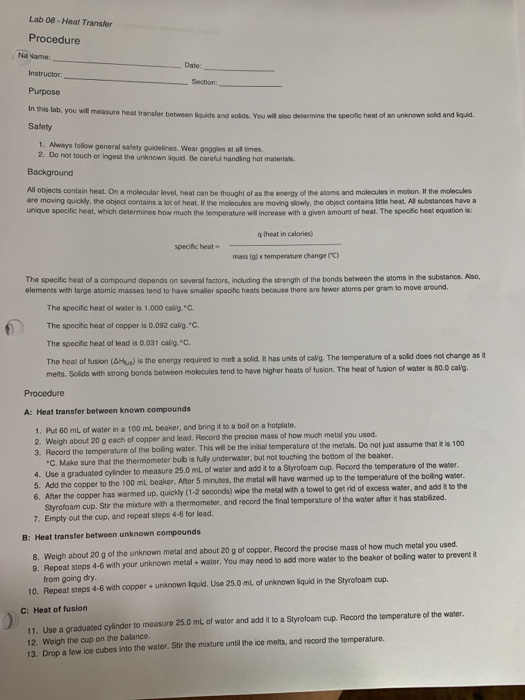 Solved Lab 08 - Heat Transfer Procedure Na Name: Date | Chegg.com