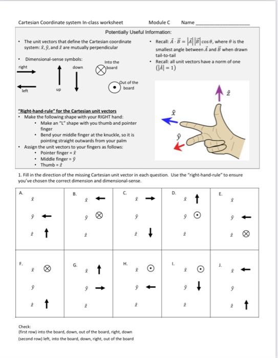 Right-hand-rule for the Cartesian unit vectors
- Make the following shape with your RIGHT hand:
- Make an L shape with yo