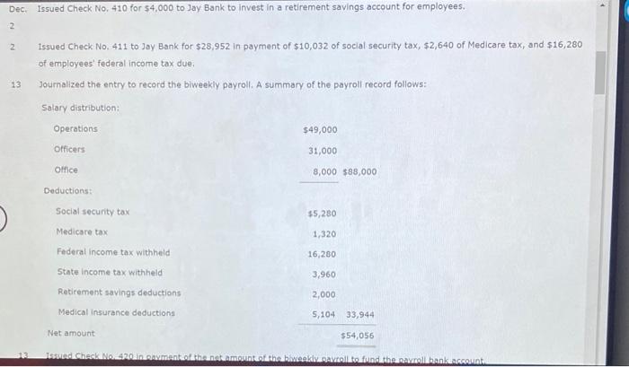 Dec. Issued Check No, 410 for \( \$ 4,000 \) to Jay Bank to invest in a retirement savings account for employees.
2
2 Issued 