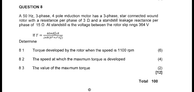 Solved QUESTION 8 A 50 Hz, 3-phase, 4 pole induction motor | Chegg.com