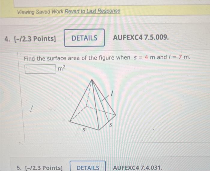 Solved find the surface area of the figure when s= 4m and l= | Chegg.com