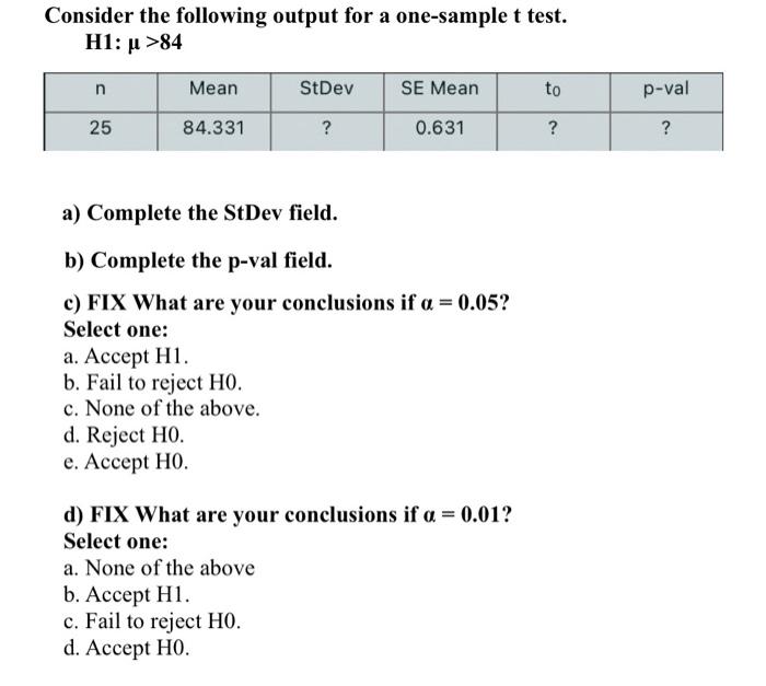 Solved Consider the following output for a one-sample t | Chegg.com