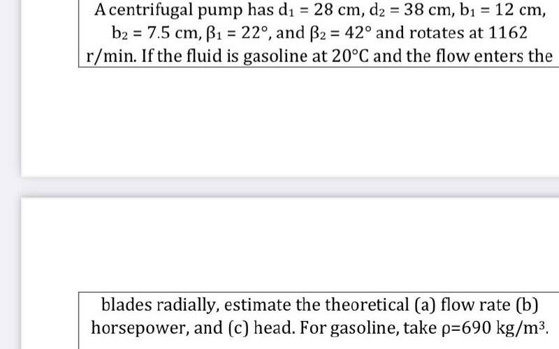 Solved A Centrifugal Pump Has Dı = 28 Cm, D2 = 38 Cm, Bı = | Chegg.com