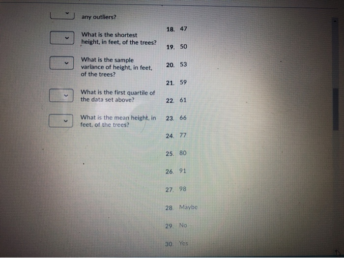 Solved The height in feet of 25 trees is shown below (lowest | Chegg.com