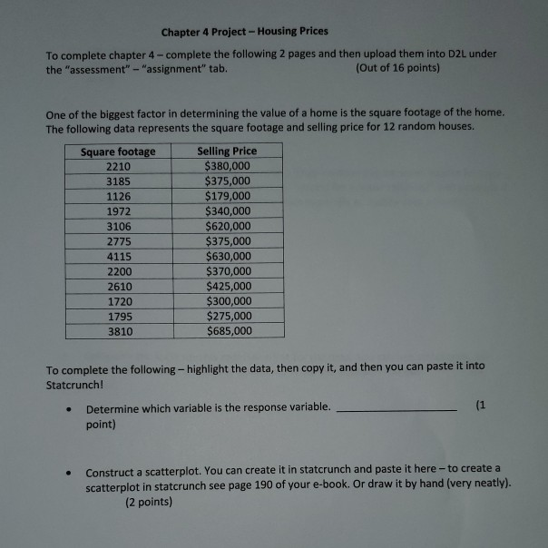 Solved Chapter 4 Project - Housing Prices To complete | Chegg.com