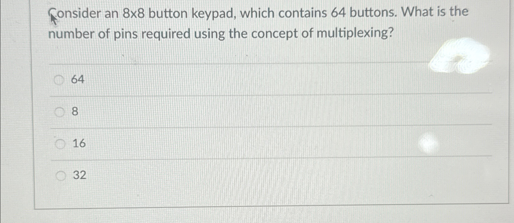 Solved Consider an 8×8 ﻿button keypad, which contains 64 | Chegg.com