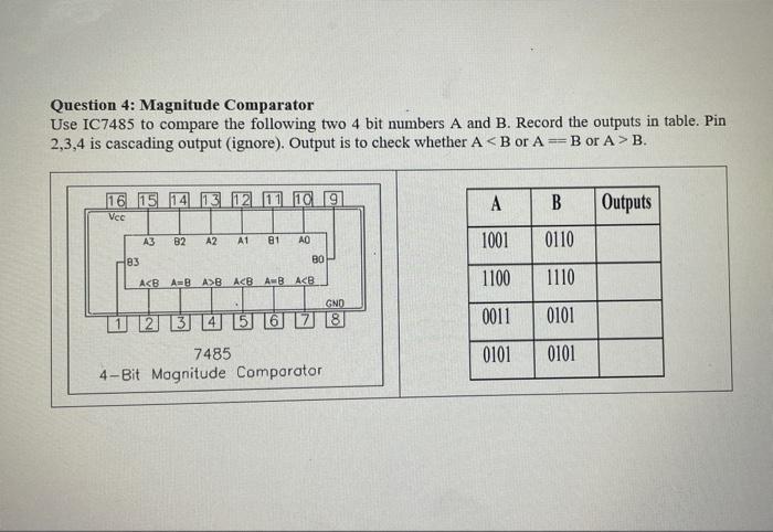 Solved Question 4: Magnitude Comparator Use IC 7485 to | Chegg.com