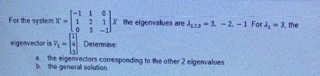 Solved For the system X′=⎣⎡−11012301−1⎦⎤X the eigenvalues | Chegg.com