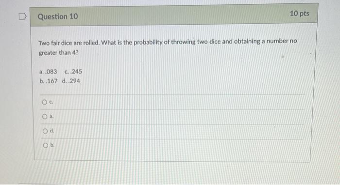 Solved Two fair dice are rolled. What is the probability of | Chegg.com